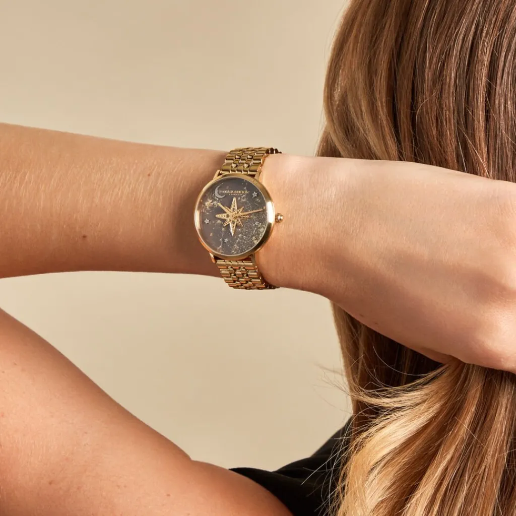 OLIVIA BURTON Montre Celestial Nova Marron cadran doré fond marron bracelet acier doré