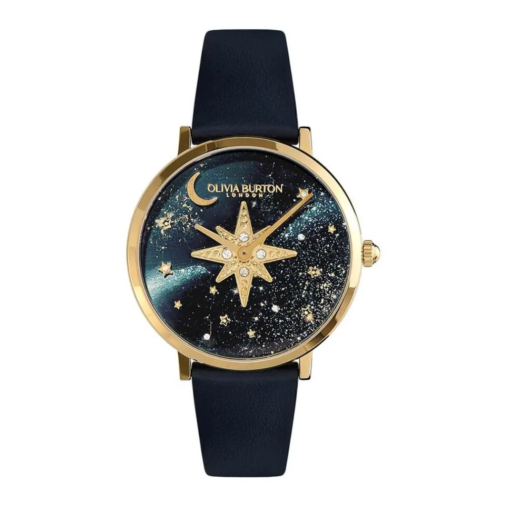 OLIVIA BURTON Montre Celestial Nova Bleu cadran doré fond bleu bracelet cuir bleu Best