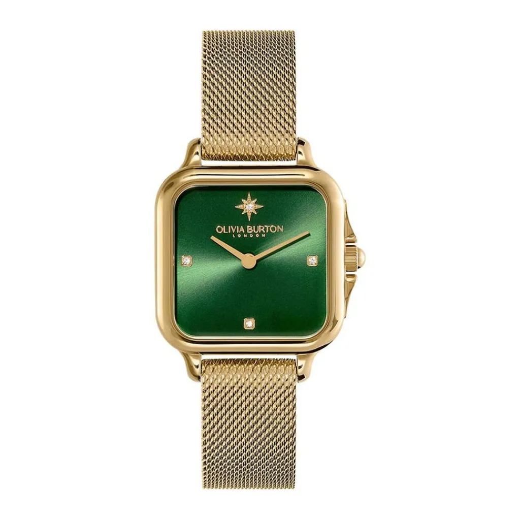 OLIVIA BURTON Montre Grosvenor Vert cadran doré fond vert bracelet acier doré