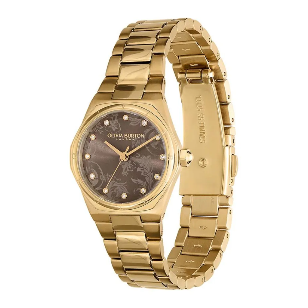 OLIVIA BURTON Montre Mini Hexa Marron cadran doré fond marron bracelet acier doré Online