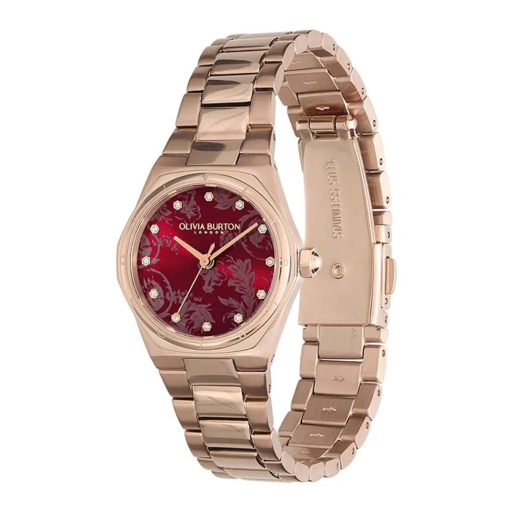 OLIVIA BURTON Montre Mini Hexa Bordeaux cadran rose fond bordeaux bracelet acier rose Outlet