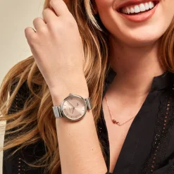 OLIVIA BURTON Montre Minima Bee Rose cadran argenté fond rose bracelet acier blanc Hot