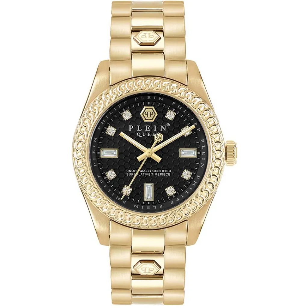 PHILIPP PLEIN Montre Queen Noir cadran doré fond noir bracelet acier doré New