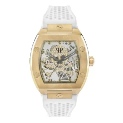 PHILIPP PLEIN Montre The Skeleton Bicolore cadran doré fond bicolore bracelet silicone blanc New