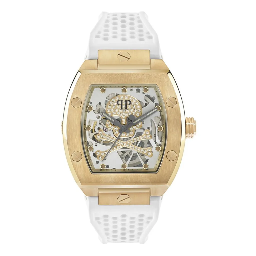 PHILIPP PLEIN Montre The Skeleton Bicolore cadran doré fond bicolore bracelet silicone blanc New
