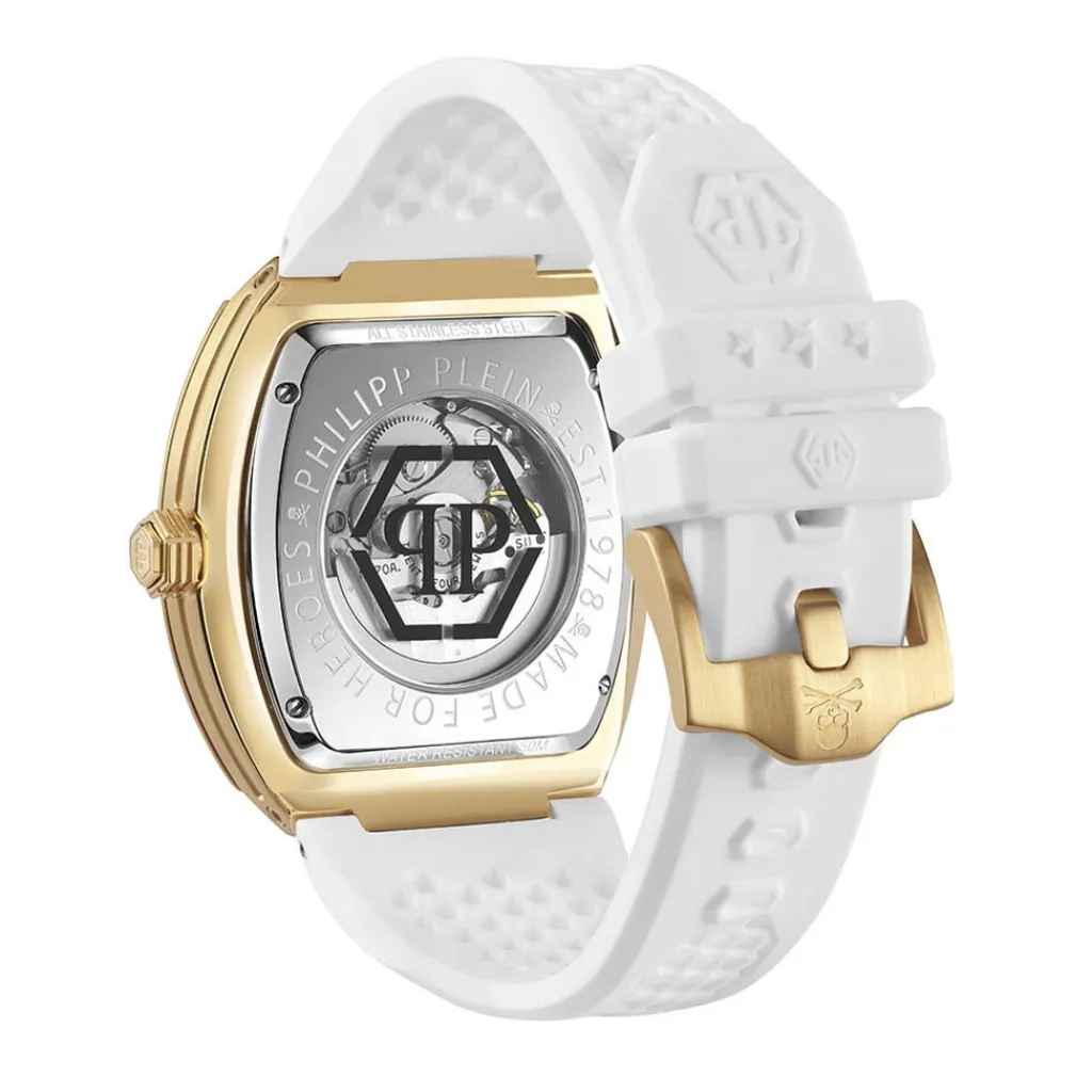 PHILIPP PLEIN Montre The Skeleton Bicolore cadran doré fond bicolore bracelet silicone blanc New