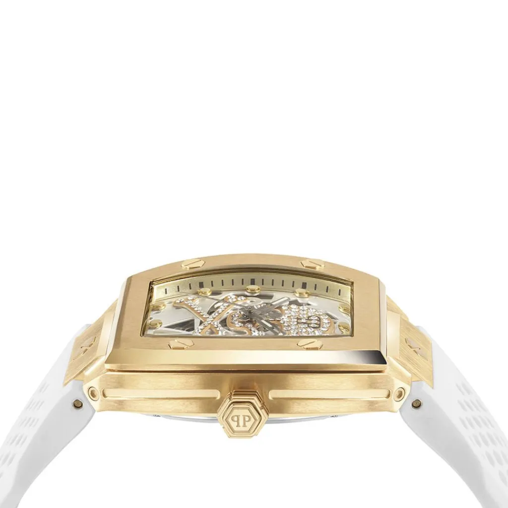PHILIPP PLEIN Montre The Skeleton Bicolore cadran doré fond bicolore bracelet silicone blanc New