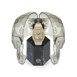 PHILIPP PLEIN Montre The Skeleton Bicolore cadran doré fond bicolore bracelet silicone blanc New