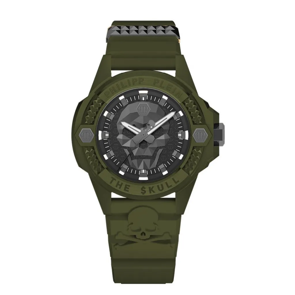 PHILIPP PLEIN Montre The Skull Ecoceramic Noir cadran vert fond noir bracelet silicone vert New