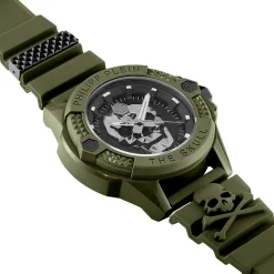 PHILIPP PLEIN Montre The Skull Ecoceramic Noir cadran vert fond noir bracelet silicone vert New