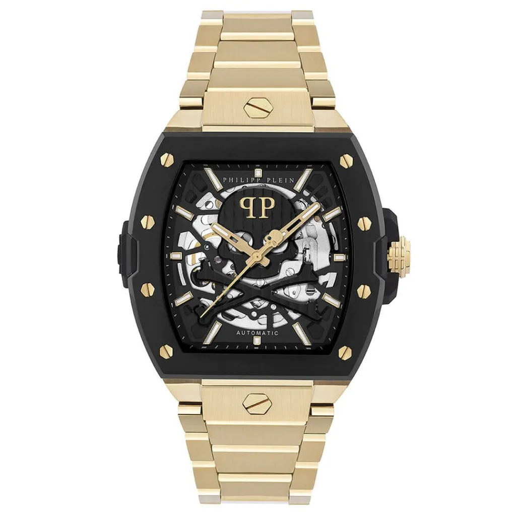 PHILIPP PLEIN Montre The $keleton 2.0 Noir cadran noir fond noir bracelet acier doré Sale