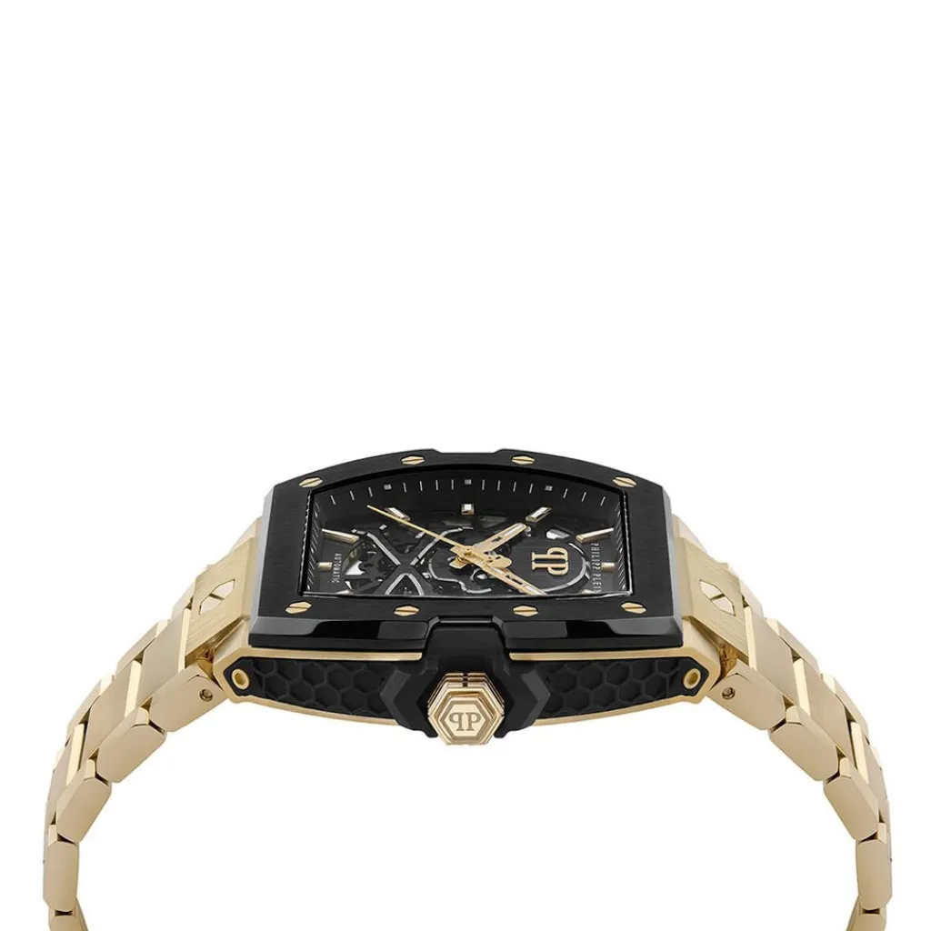 PHILIPP PLEIN Montre The $keleton 2.0 Noir cadran noir fond noir bracelet acier doré Sale