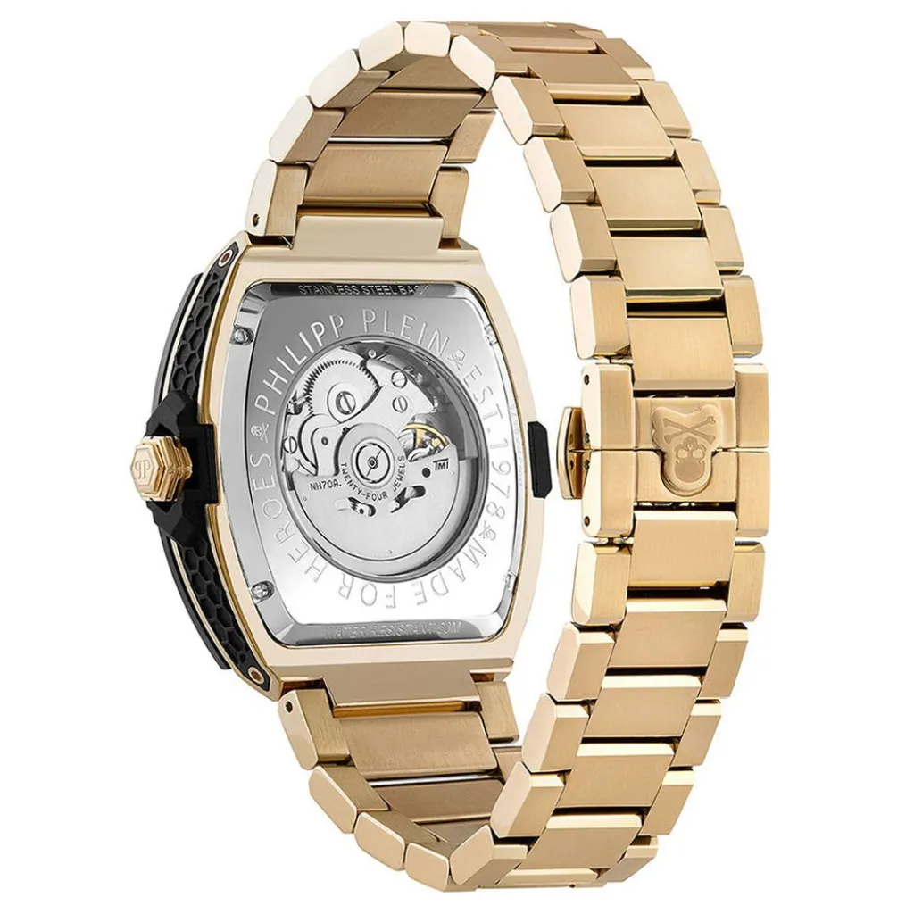 PHILIPP PLEIN Montre The $keleton 2.0 Noir cadran noir fond noir bracelet acier doré Sale