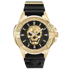 PHILIPP PLEIN Montre The $kull Noir cadran doré fond noir bracelet silicone noir Outlet