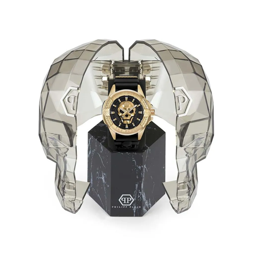 PHILIPP PLEIN Montre The $kull Noir cadran doré fond noir bracelet silicone noir Outlet
