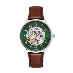 PIERRE LANNIER Montre Automatique 42 Vert cadran argenté fond vert bracelet cuir de vache marron Best