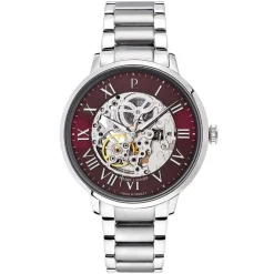 PIERRE LANNIER Montre Automatique 42 Bordeaux cadran argenté fond bordeaux bracelet acier argenté Clearance