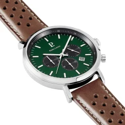 PIERRE LANNIER Montre Baron Vert cadran argenté fond vert bracelet cuir marron Best