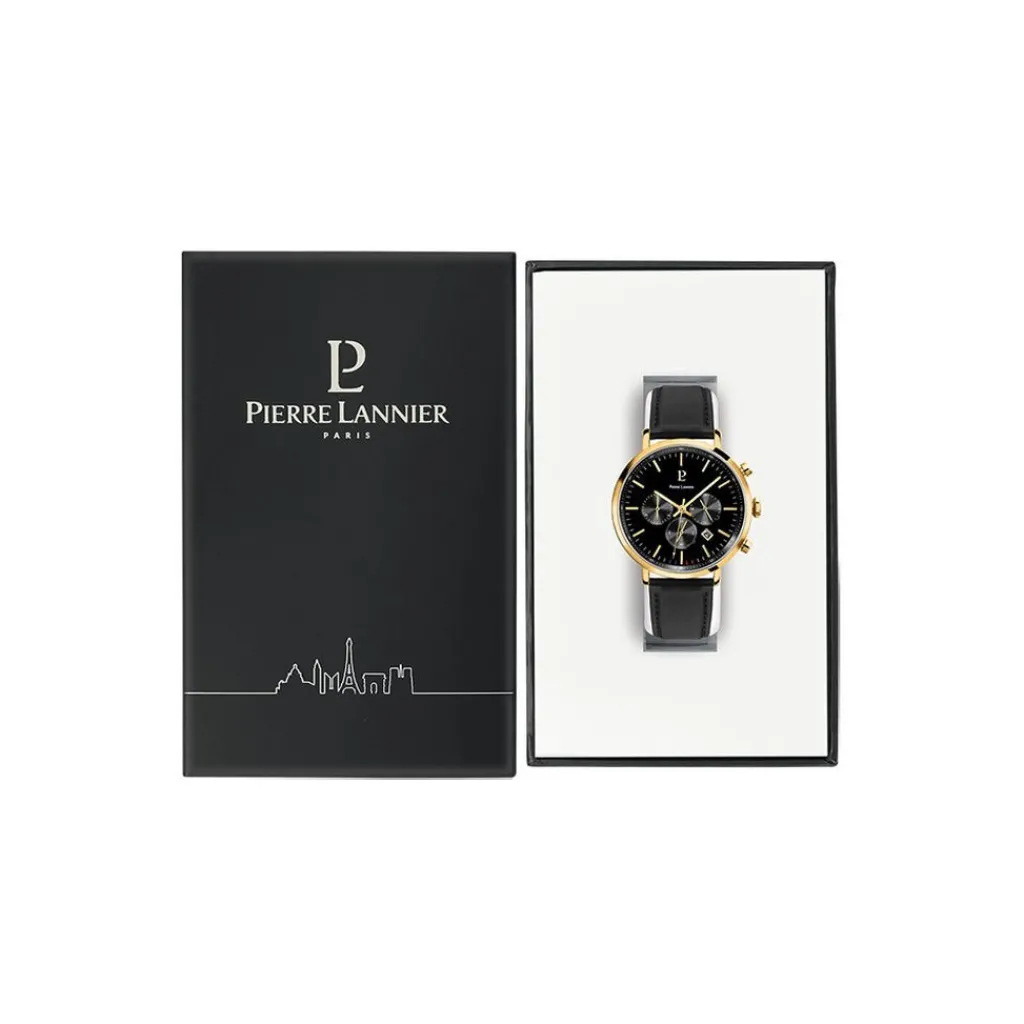 PIERRE LANNIER Montre Baron Noir cadran doré fond noir bracelet cuir noir Discount