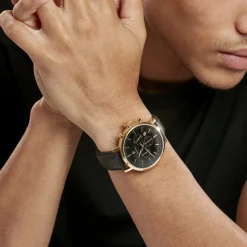 PIERRE LANNIER Montre Baron Noir cadran doré fond noir bracelet cuir noir Discount