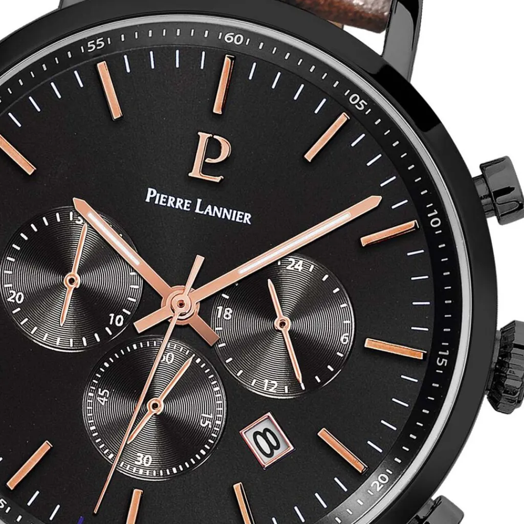 PIERRE LANNIER Montre Baron Noir cadran noir fond noir bracelet cuir brun
