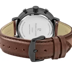 PIERRE LANNIER Montre Baron Noir cadran noir fond noir bracelet cuir brun