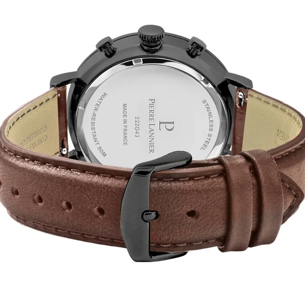 PIERRE LANNIER Montre Baron Noir cadran noir fond noir bracelet cuir brun