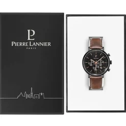 PIERRE LANNIER Montre Baron Noir cadran noir fond noir bracelet cuir brun