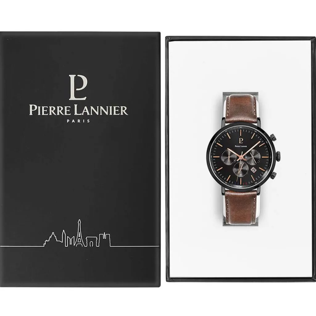 PIERRE LANNIER Montre Baron Noir cadran noir fond noir bracelet cuir brun
