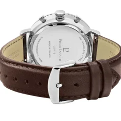 PIERRE LANNIER Montre Baron Bleu cadran argenté fond bleu bracelet cuir brun Outlet