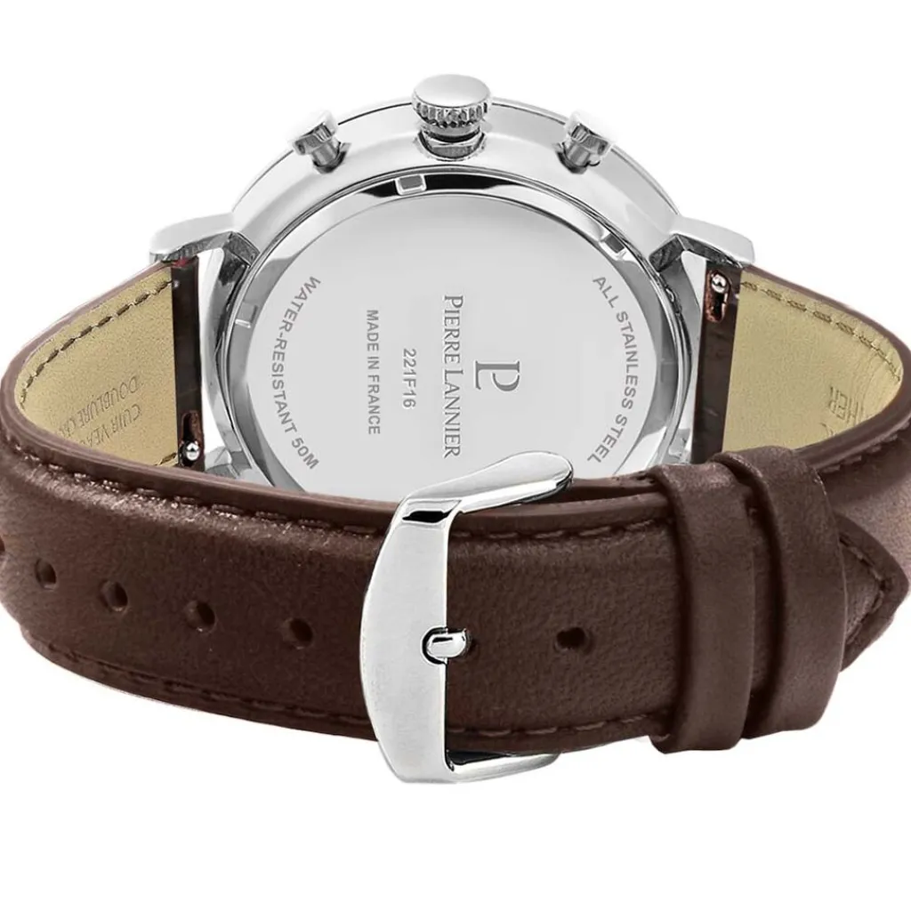 PIERRE LANNIER Montre Baron Bleu cadran argenté fond bleu bracelet cuir brun Outlet