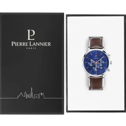 PIERRE LANNIER Montre Baron Bleu cadran argenté fond bleu bracelet cuir brun Outlet