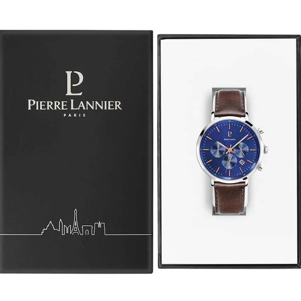PIERRE LANNIER Montre Baron Bleu cadran argenté fond bleu bracelet cuir brun Outlet