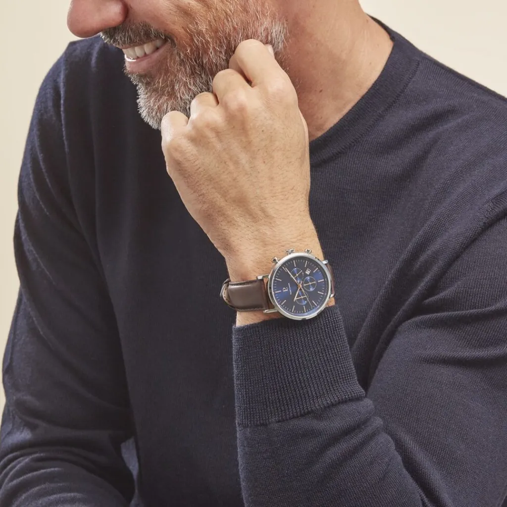 PIERRE LANNIER Montre Baron Bleu cadran argenté fond bleu bracelet cuir brun Outlet