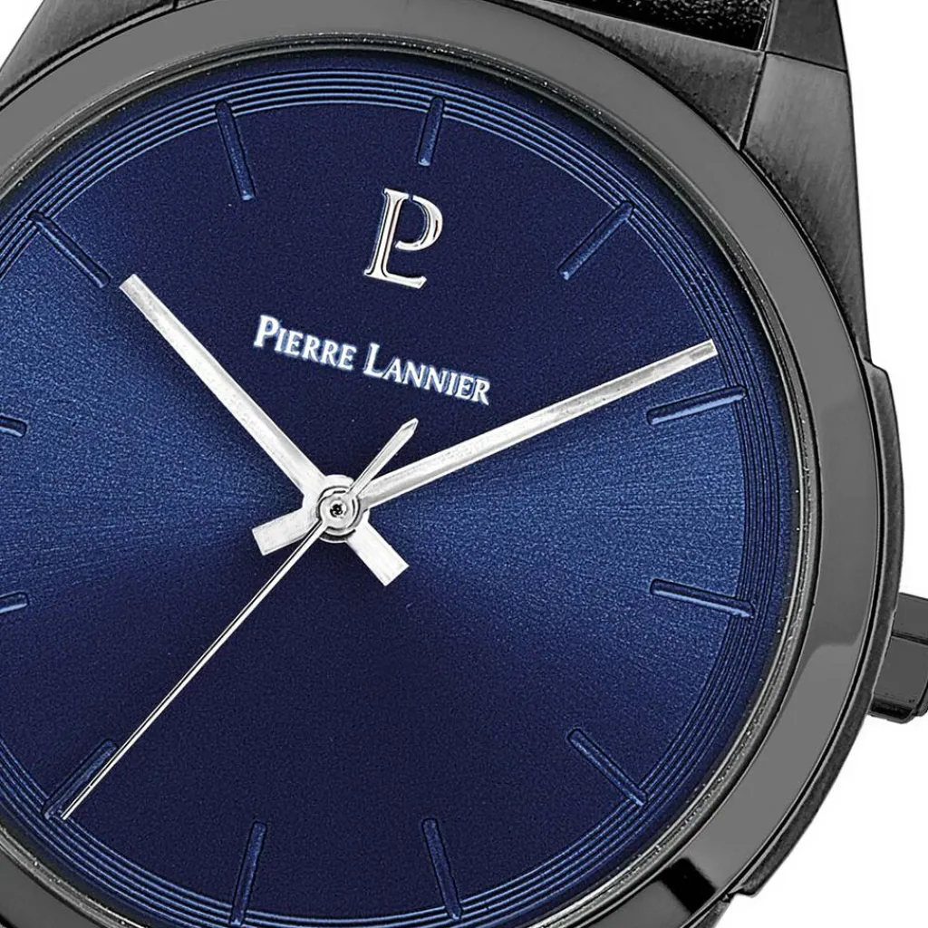 PIERRE LANNIER Montre Candide Bleu cadran noir fond bleu bracelet cuir noir Hot