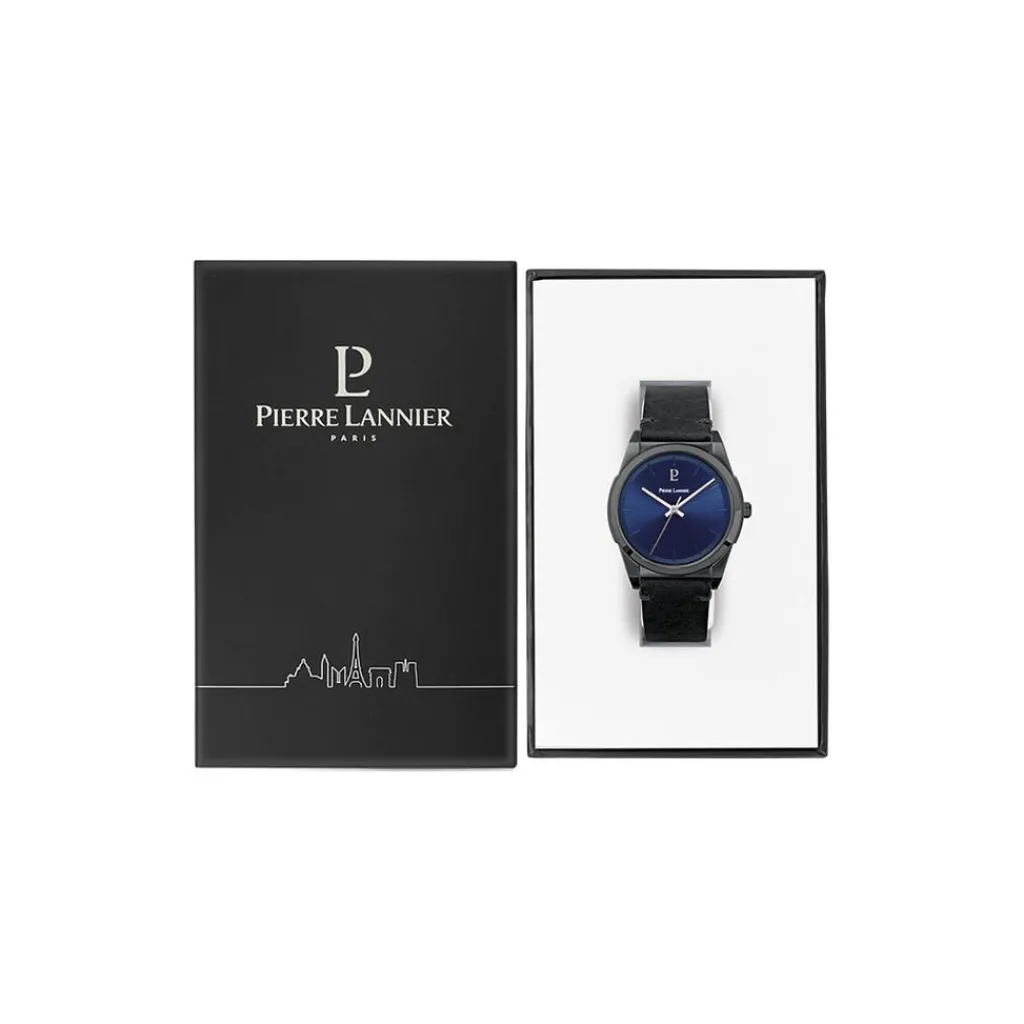 PIERRE LANNIER Montre Candide Bleu cadran noir fond bleu bracelet cuir noir Hot