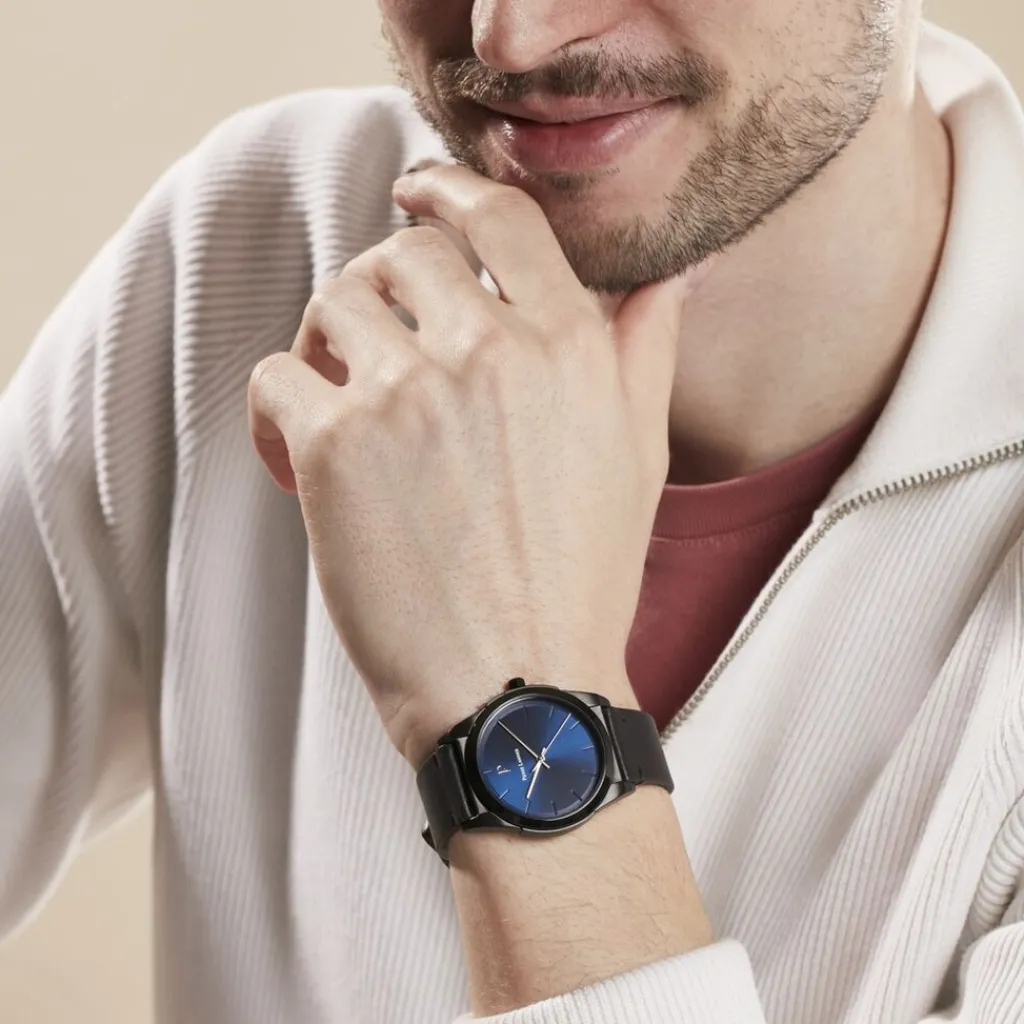 PIERRE LANNIER Montre Candide Bleu cadran noir fond bleu bracelet cuir noir Hot