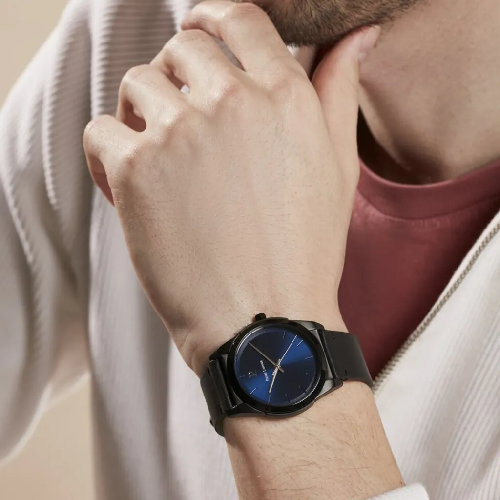 PIERRE LANNIER Montre Candide Bleu cadran noir fond bleu bracelet cuir noir Hot