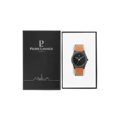 PIERRE LANNIER Montre Candide Noir cadran noir fond noir bracelet cuir camel Discount