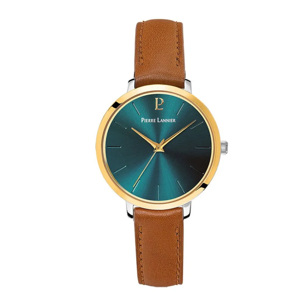 PIERRE LANNIER Montre Chouquette Vert cadran bicolore jaune / blanc fond vert bracelet cuir marron Online