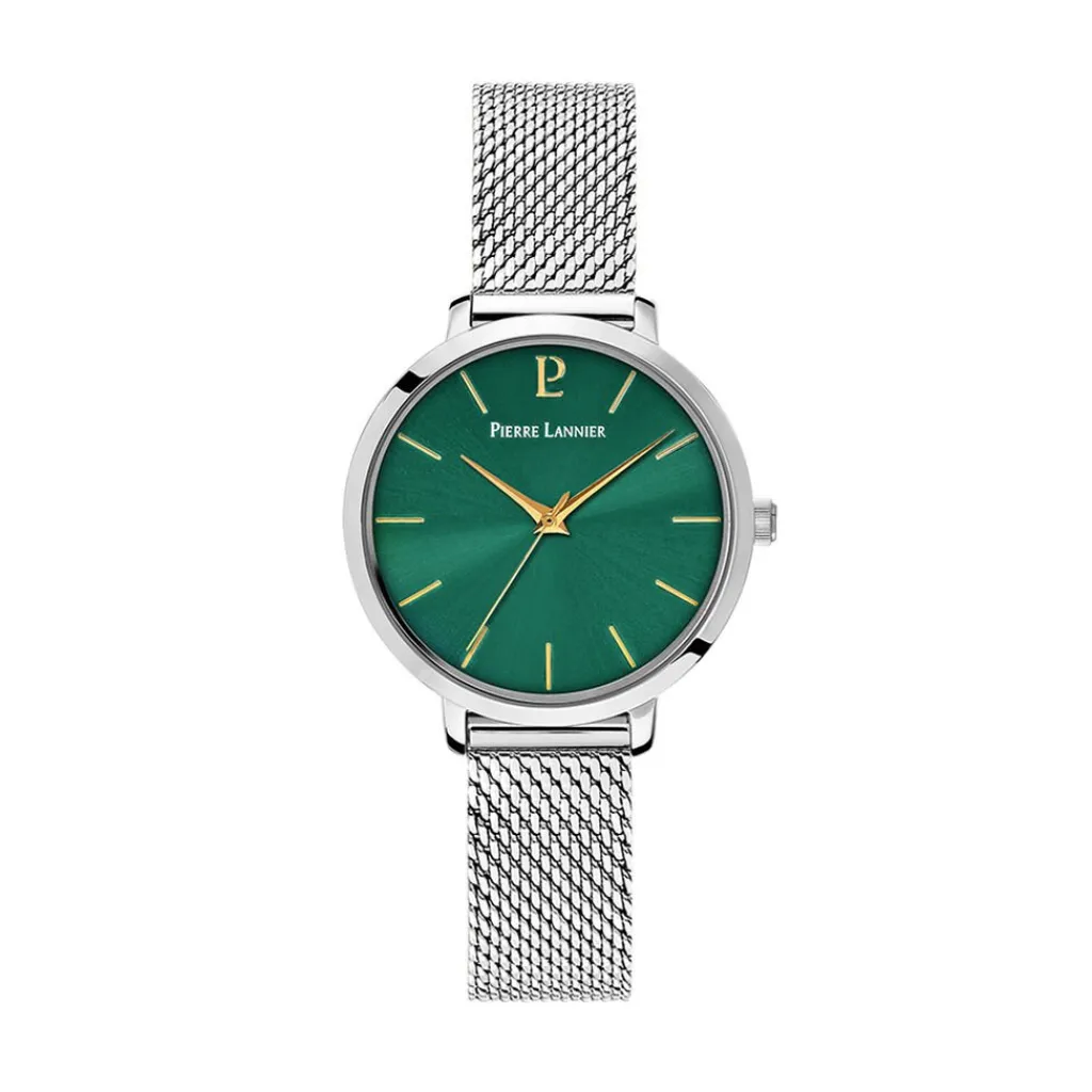 PIERRE LANNIER Montre Chouquette Vert cadran argenté fond vert bracelet acier argenté Hot