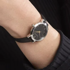 PIERRE LANNIER Montre Chouquette Noir cadran argenté fond noir bracelet cuir noir New