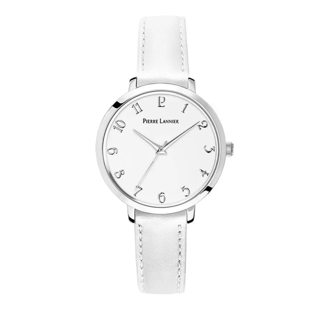 PIERRE LANNIER Montre Chouquette Blanc cadran argenté fond blanc bracelet cuir blanc Hot