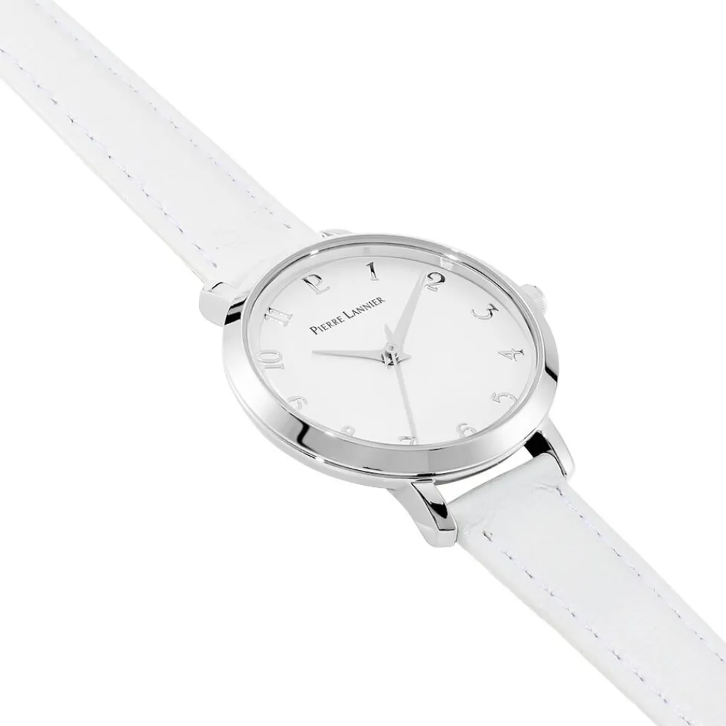PIERRE LANNIER Montre Chouquette Blanc cadran argenté fond blanc bracelet cuir blanc Hot