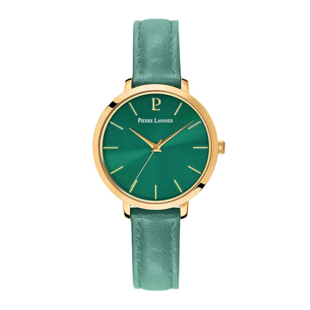 PIERRE LANNIER Montre Chouquette Vert cadran doré fond vert bracelet cuir vert Outlet