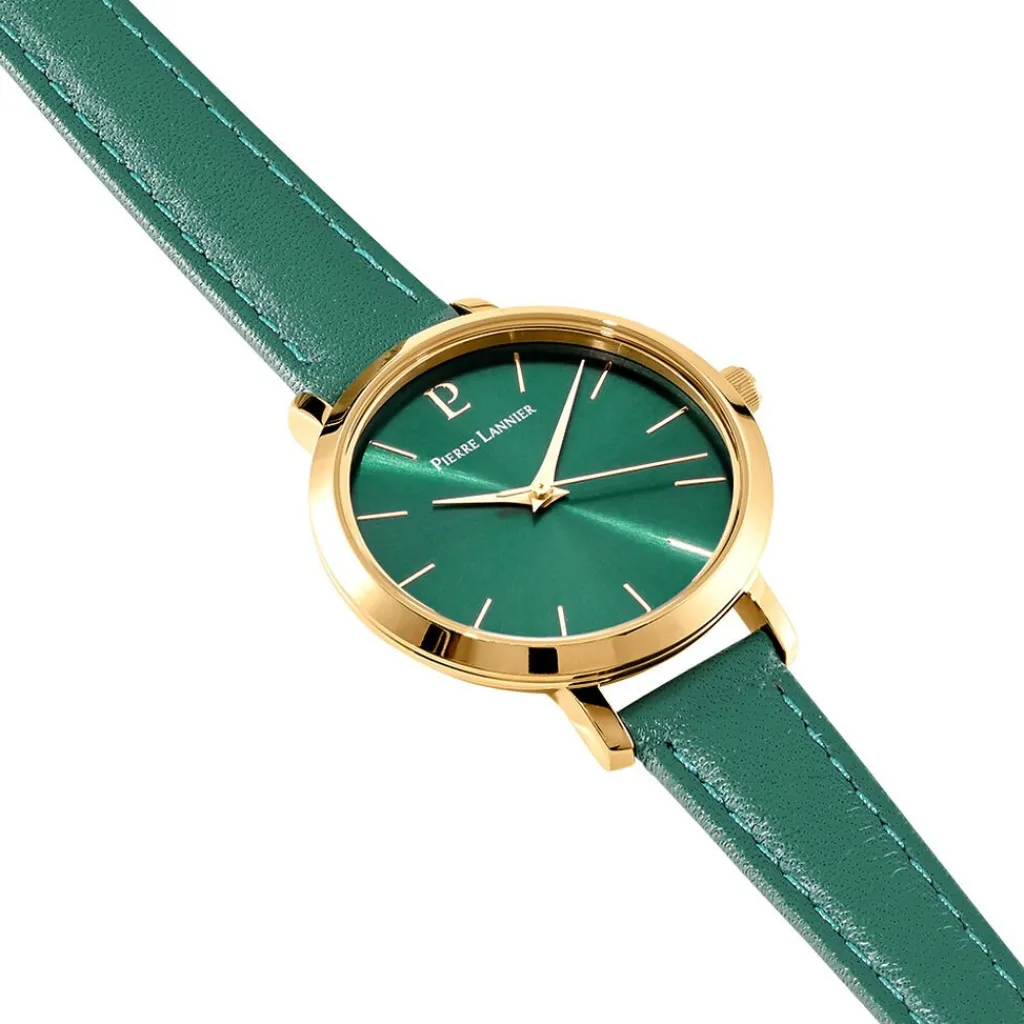 PIERRE LANNIER Montre Chouquette Vert cadran doré fond vert bracelet cuir vert Outlet
