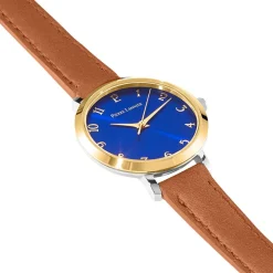 PIERRE LANNIER Montre Chouquette Bleu cadran bicolore jaune / blanc fond bleu bracelet cuir marron