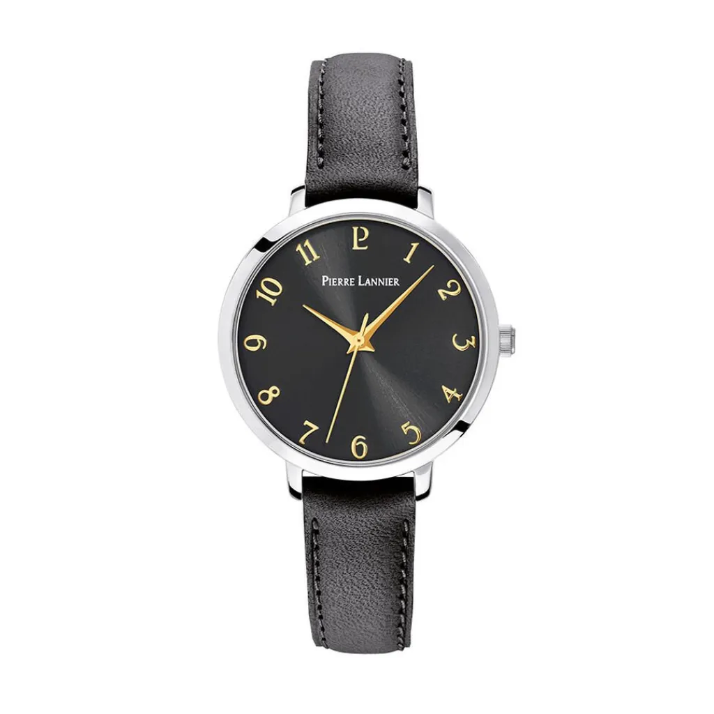 PIERRE LANNIER Montre Chouquette Noir cadran argenté fond noir bracelet cuir noir Online