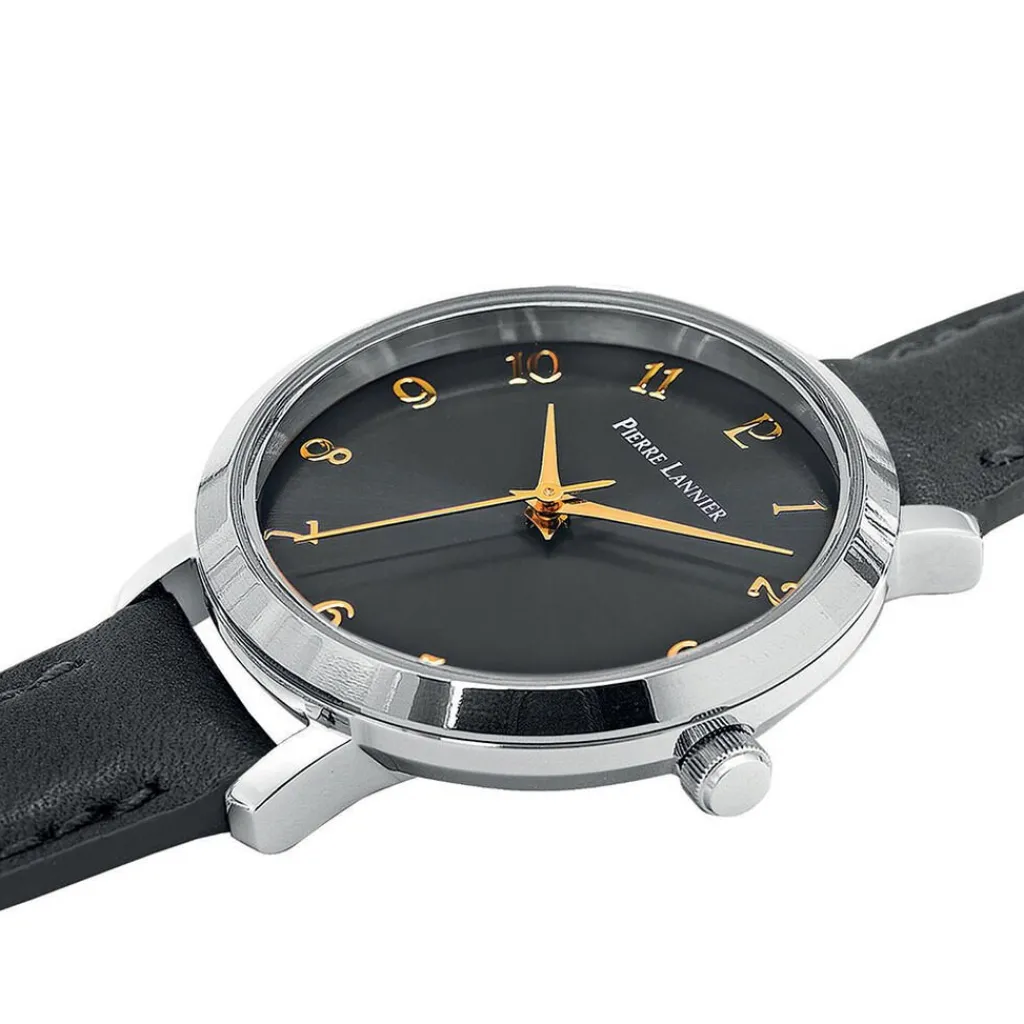 PIERRE LANNIER Montre Chouquette Noir cadran argenté fond noir bracelet cuir noir Online