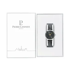 PIERRE LANNIER Montre Chouquette Noir cadran argenté fond noir bracelet cuir noir Online